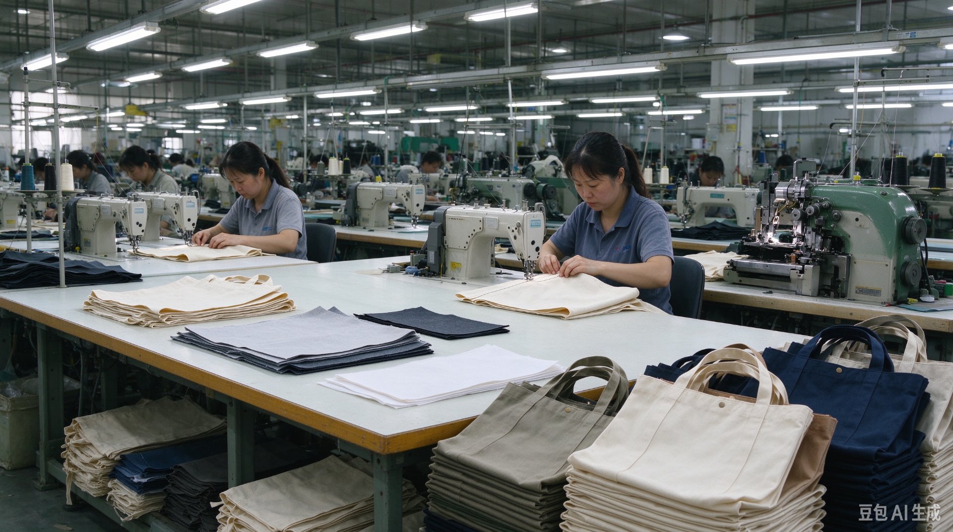 Sewing workshop with workers stitching canvas tote bags