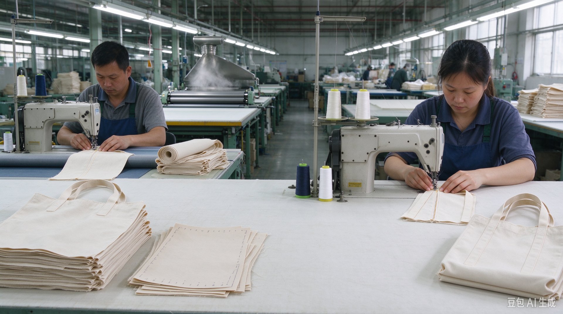 Two workers at industrial sewing machines stitching bag panels