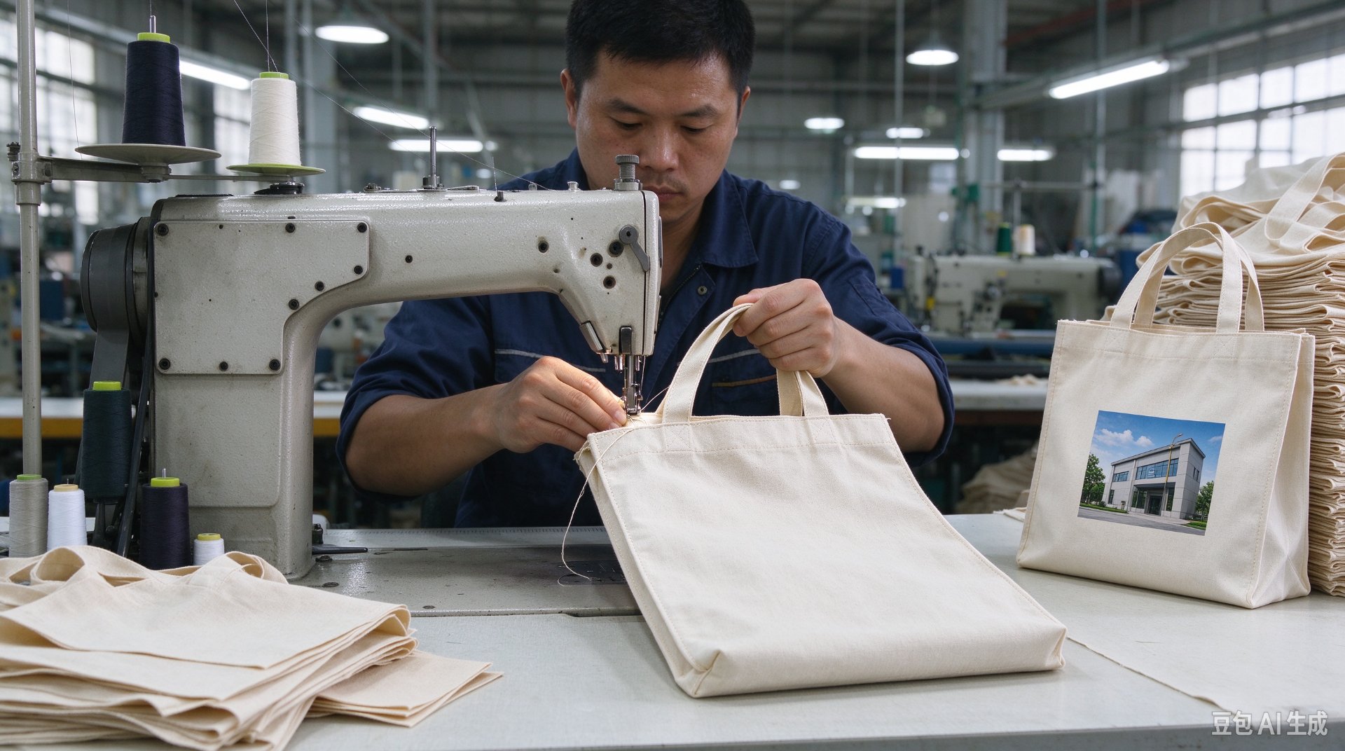 Worker sewing handles onto a canvas tote bag