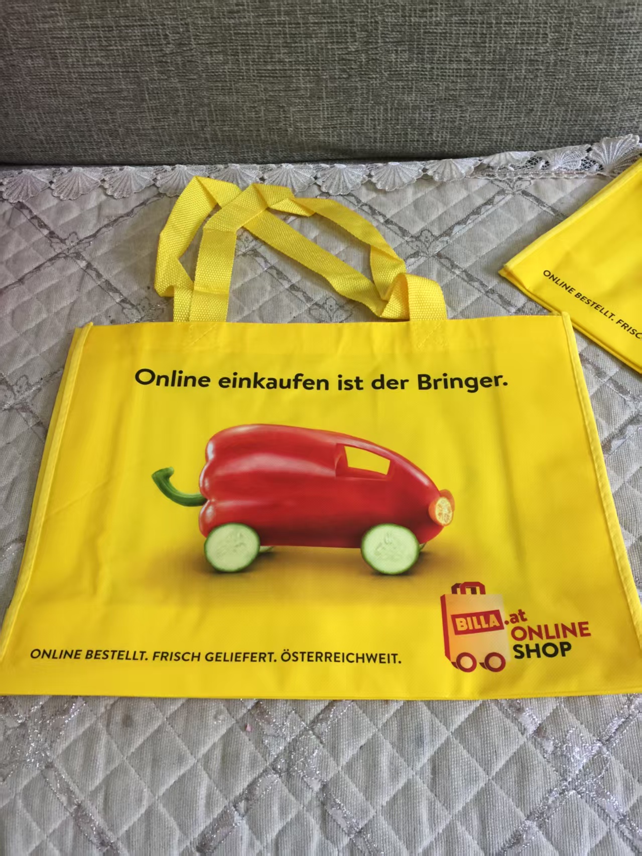 Yellow non-woven shopping bag with full-color pepper car print