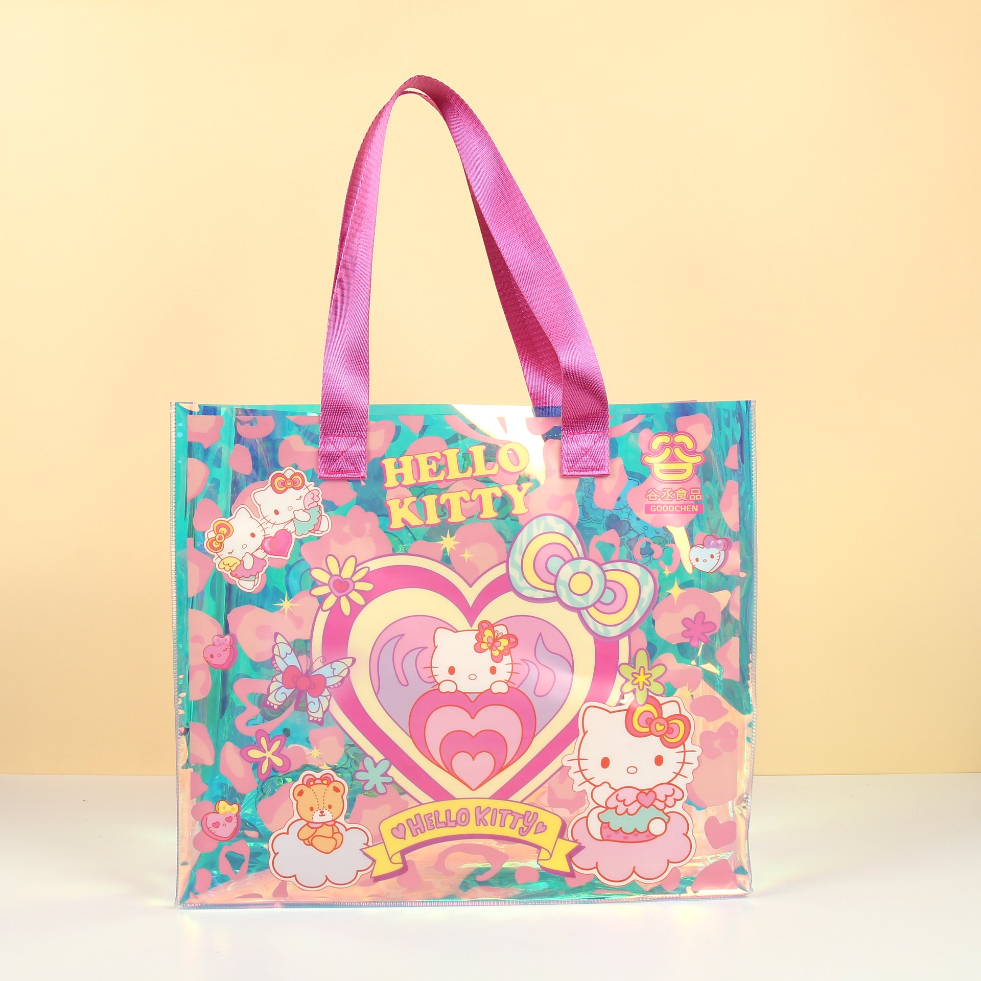 Holographic PVC tote bag with full-color cartoon print and pink webbing handles